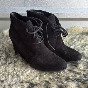 Clarks Black Suede Ankle Booties with Wedge Heel